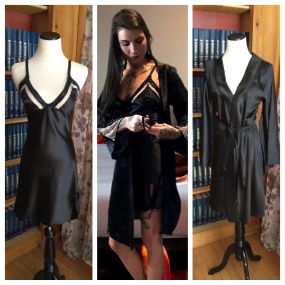 Black Silky Chemise with peach lace trim